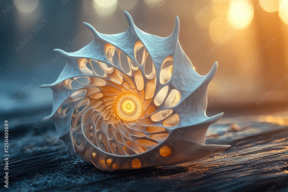 Poster intricate spiral seashell with translucent structure, glowing in sunset light.