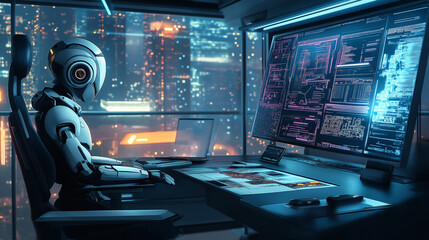 Futuristic artificial intelligence robot working as a data analyst or cybersecurity specialist in a high-tech office environment, surrounded by multiple computer screens displaying complex code