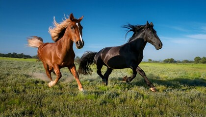 Obraz premium 青空の下、緑の草原を駆け抜ける美しい2頭の馬 - 自然の躍動感と自由を感じる瞬間