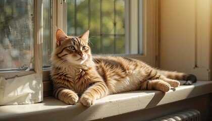 A cozy scene of a cat lounging on a windowsill bathed in sunlight, epitomizing relaxation and domestic bliss.
