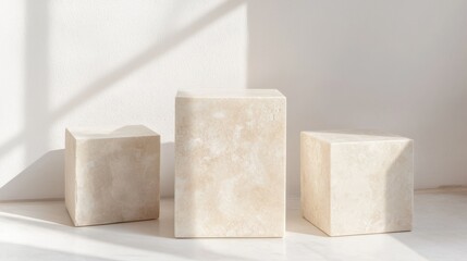 A serene display of three textured, neutral-colored blocks arranged on a minimalist surface, with soft shadows and natural light enhancing their shapes.