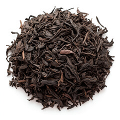 Obraz premium Black tea leaves on a white background, high-resolution professional photograph with no grainy texture, sharp focus, and studio lighting. 