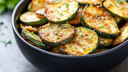 A bowl of golden-brown, crispy zucchini slices garnished with herbs, showcasing a delicious and healthy side dish.