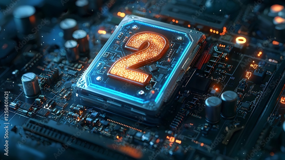 Poster close up view of a futuristic electronic circuit board with various computer components and microchi