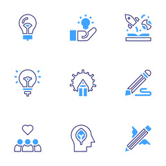 Inspiration icon set. Bold line style. Duotone colors. Editable stroke. inspiration, solution, imagination, creativity, lightbulb, brainstorming