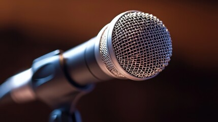 Obraz premium A close-up of a microphone, highlighting its textured grille and sleek design, ideal for performances and recordings.