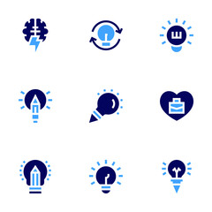 Inspiration icon set. Bold style. Duotone colors. creativity, lightbulb, job, creative, idea, brainstorming, light