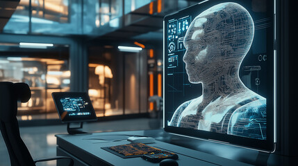 Futuristic artificial intelligence robot working as a data analyst or cybersecurity specialist in a high-tech office environment, surrounded by multiple computer screens displaying complex code