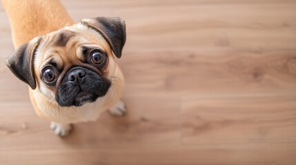Obraz premium A curious pug gazes up with big eyes, sitting on a wooden floor, exuding charm and playfulness.