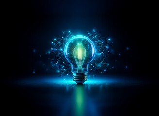Illuminated lightbulb glows blue in the dark.  Connected points of light suggest innovation and ideas.  Bright and conceptual design.
