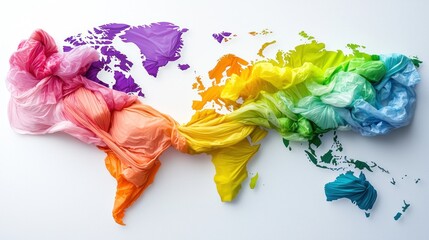 Colorful fabric draping over a world map, symbolizing diversity and unity in cultures