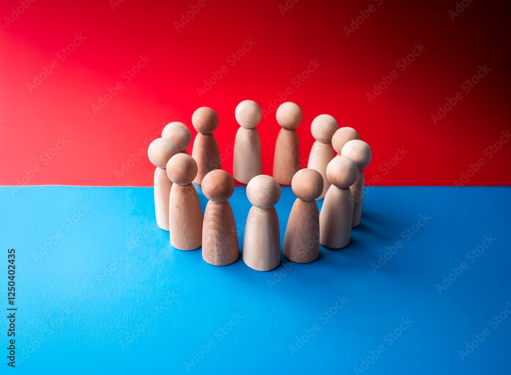 Poster a group of wooden peg figures forms a circle on a blue surface, set against a contrasting red backgr