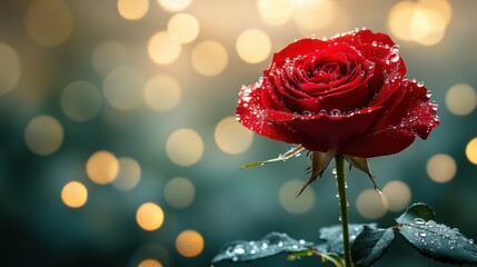 Crimson bloom with delicate dew drops against a bokeh light backdrop