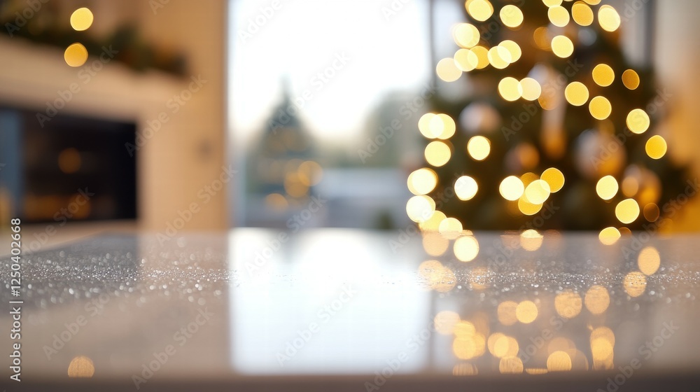 Aufkleber frosted countertop with christmas tree and bokeh background effect