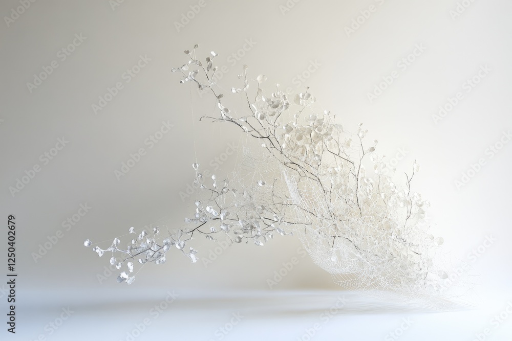 Poster delicate white branches adorned with a spiderweb, creating an ethereal and minimalist art piece.