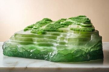 Green glass sculpture depicting terraced hills, lush grass, and a rocky base, evocative of nature's...