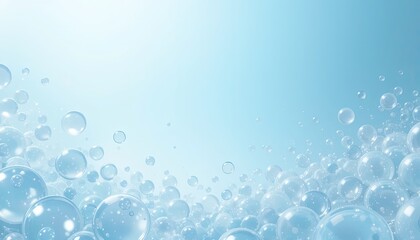 3D render of multiple translucent, iridescent bubbles floating against a gradient background with copy space, for product, cosmetic concept, and product background