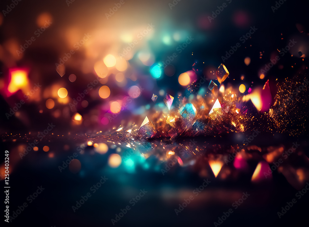 Poster abstract blurry background with colorful bokeh lights and geometric shapes creates a festive and mag