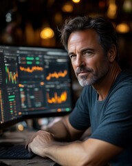 Obraz premium Businessman analyzing market data at night