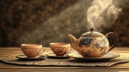 Steaming Traditional Tea Set with Elegant Cups on Rustic Wooden Surface
