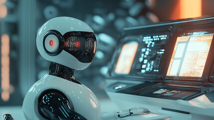 Futuristic artificial intelligence robot working as a data analyst or cybersecurity specialist in a high-tech office environment, surrounded by multiple computer screens displaying complex code