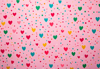 Colorful, cute heart-shaped pattern on a pink background, top view. Love concept for a Happy Mother's Day or Valentine's Day greeting card design. Flat lay, top view, with copy space. Bright 