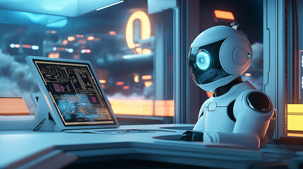 Futuristic artificial intelligence robot working as a data analyst or cybersecurity specialist in a high-tech office environment, surrounded by multiple computer screens displaying complex code