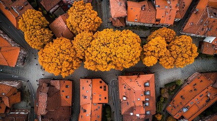 Autumnal aerial view of European town square, golden trees, red roofs, travel brochure