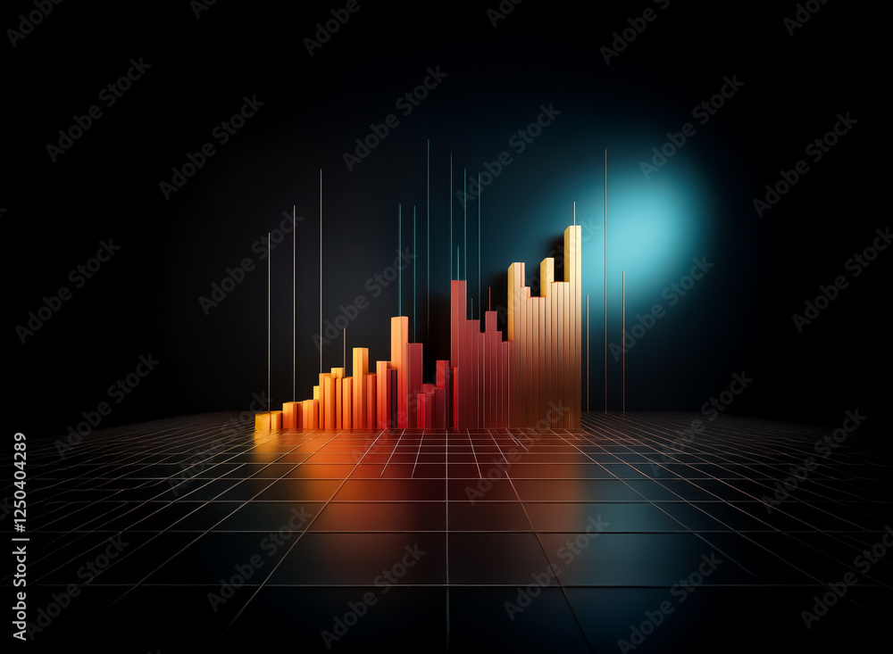 Poster abstract 3d bar graph displays an upward trend with metallic columns in warm orange and red on a dar