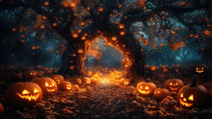 A dimly lit, eerie landscape filled with glowing jack-o'-lanterns scattered across a foggy, undulating ground.