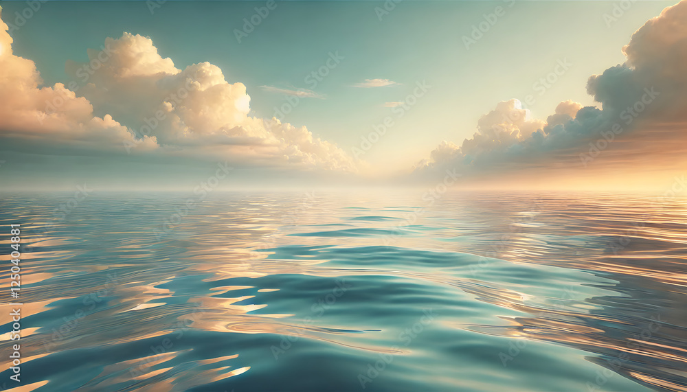 Poster a serene ocean view with calm waters reflecting warm sunset light, surrounded by soft clouds in a tr