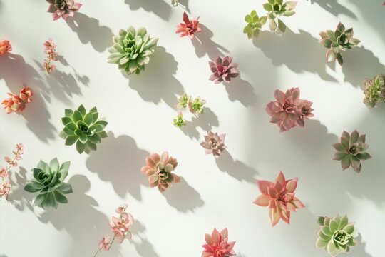 A flat lay showcasing various succulents with their shadows cast on a white background.