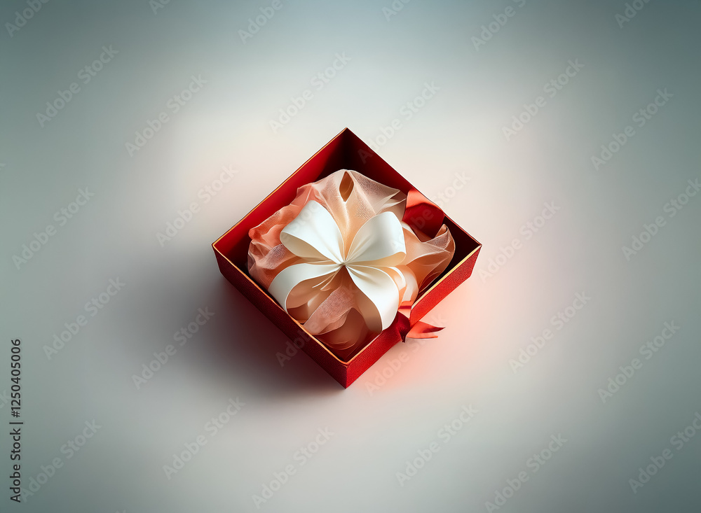 Poster a red square gift box is open, revealing a white bow and tissue paper inside. the box is centered on