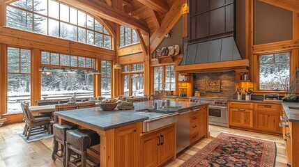 Inviting rustic kitchen with winter wonderland view and wooden architecture