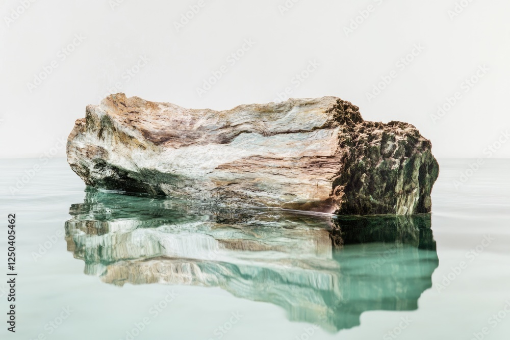 Poster a weathered rock formation partially submerged in calm, clear water, creating a serene reflection.