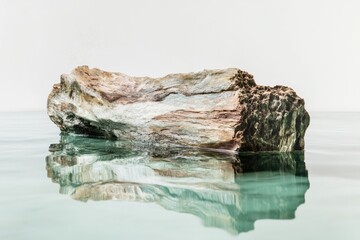 Fototapeta premium A weathered rock formation partially submerged in calm, clear water, creating a serene reflection.