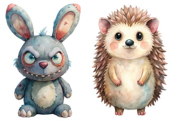 Cute cartoon characters, watercolor style, playful design, animal illustration, whimsical art, children's decor.