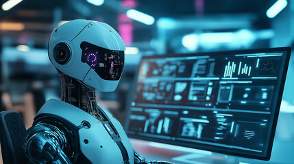 Futuristic artificial intelligence robot working as a data analyst or cybersecurity specialist in a high-tech office environment, surrounded by multiple computer screens displaying complex code