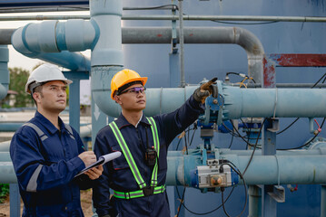 Plumbing engineers are rigorously inspecting the operation of the high-pressure water pumps to meet...