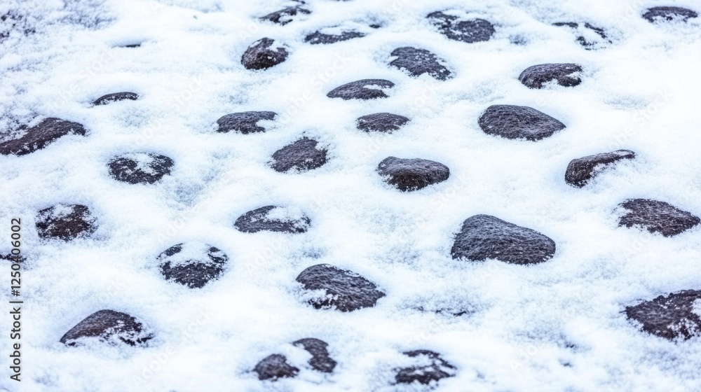 Poster a close-up view of dark stones partially covered by a layer of snow.