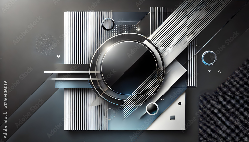 Poster a futuristic geometric abstract design featuring sleek silver elements, linear patterns, and circles