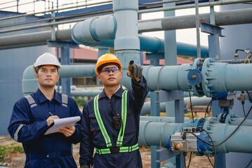 Plumbing engineers are rigorously inspecting the operation of the high-pressure water pumps to meet...