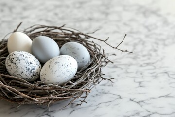 Obraz premium Pastel eggs in a nest on marble, spring theme, still life, decoration