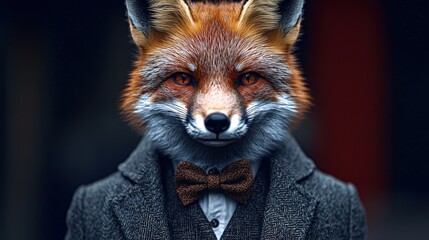 Obraz premium Hyper-realistic anthropomorphic fox elegantly dressed in a suit with a bow tie for a formal occasion at dusk