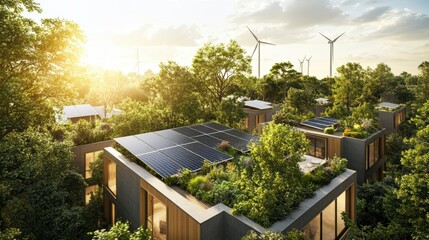 Solar power station with solar panels along a highway viewed from an airplane window with clouds, city buildings, and transportation in the background