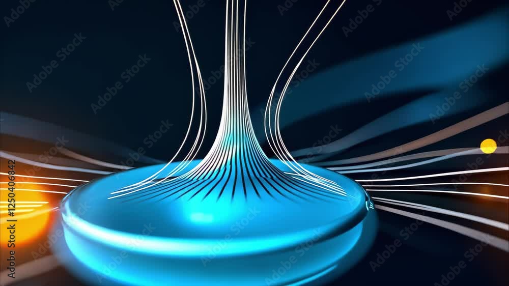Poster an abstract illustration of energy or particles flowing into a central point, creating luminous effe