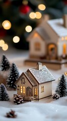 Christmas Festival Celebrations with Wooden House Models and Gift Boxes, Festive Decorations, Cozy Warm Home, Holiday Cheer and Joy in a Winter Wonderland, Perfect for Real Estate Seasonal Promotions