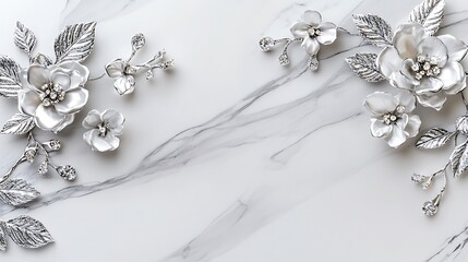 Elegant Silver Floral Ornaments on Marble Background