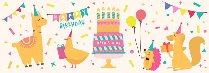 happy birthday collection cartoon character animals birthday party vector illustration greeting card invitation event poster sticker print