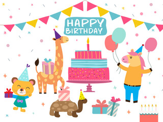 happy birthday collection cartoon character animals birthday party vector illustration greeting card invitation event poster sticker print